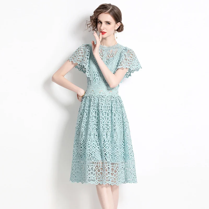 Summer New Solid Vintage Hollow Out Dresses Women Retro Water Soluble Lace Short Sleeve Casual Robes