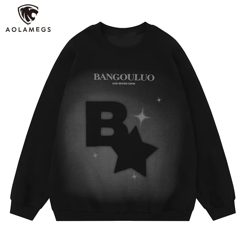

Hip Hop Sprayed Color Letter Star Graphic Printed Sweatshirt for Men Oversized Round Neck Rib Sleeve Pullover Autumn New Unisex