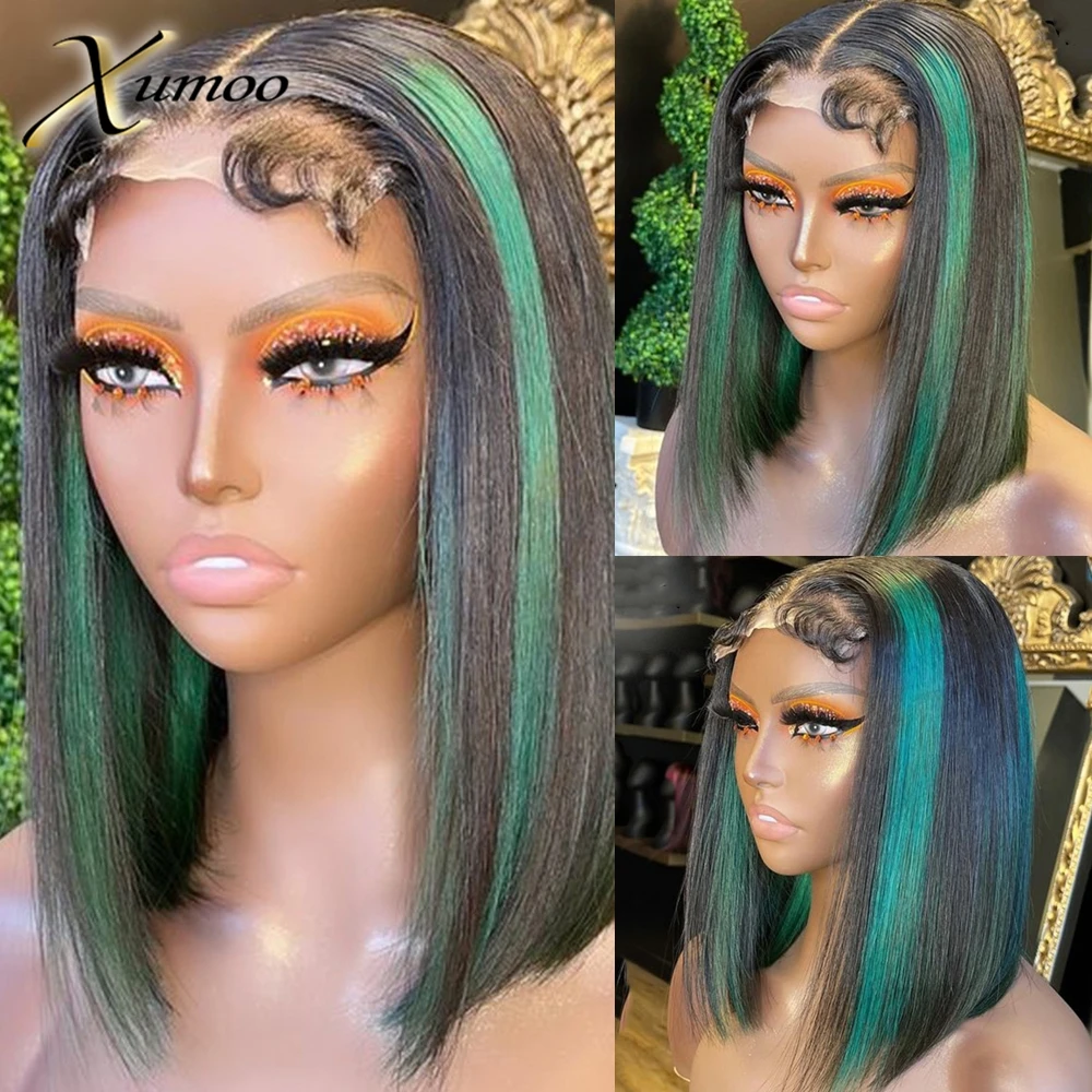 XUMOO Highlight Green 13x4 Lace Front Wig Staright Short Bob For Women Brazilian Remy Human Hair Gluelss Wigs with Baby Hair