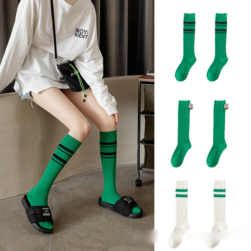 

3Pairs Summer Women's Socks Knee High Green Striped Horizontal Bar Pressure Socks Wild Fresh Thin Socks Sport Street Skateboard