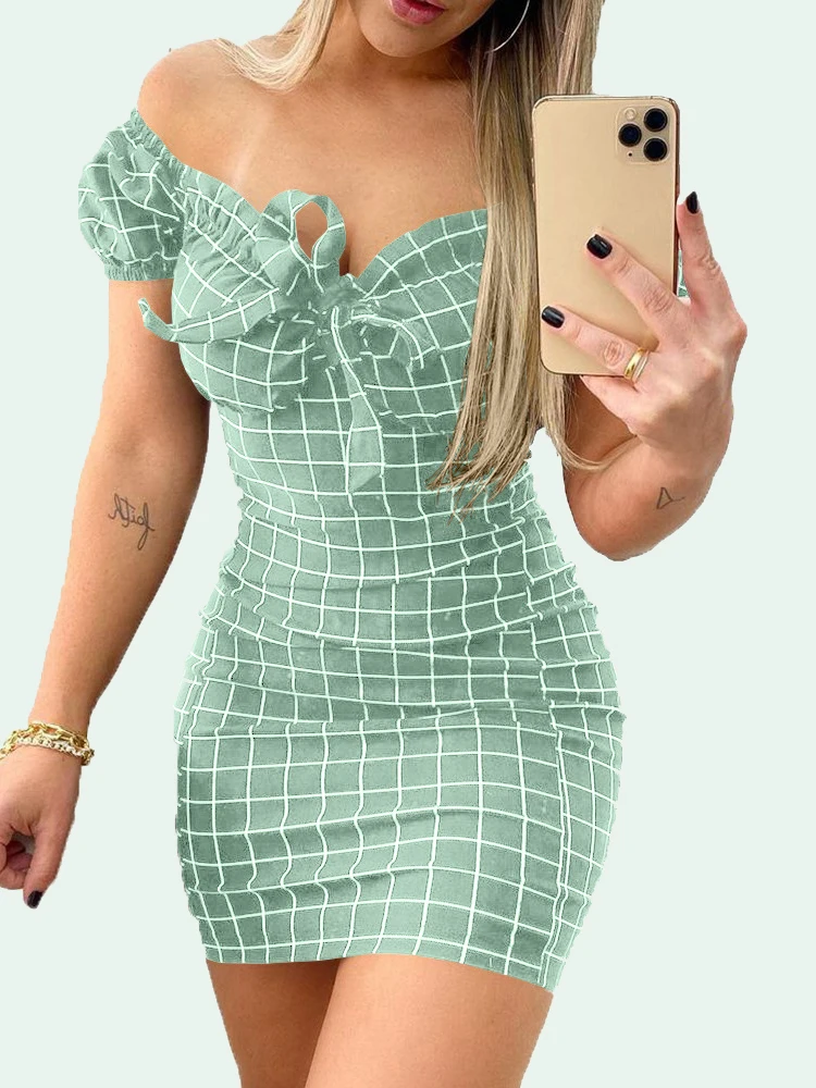 

Мини-платье женское с коротким рукавом, бантом и V-образным вырезом