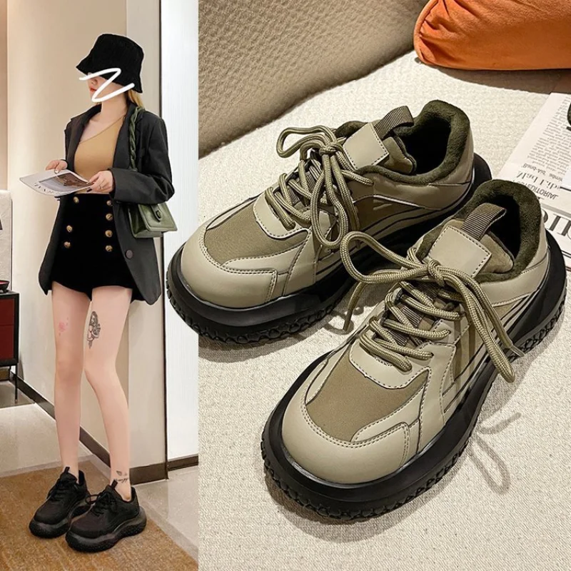 Ladies Plus Velvet Platform Shoes Autumn and Winter New  Color Matching Round Toe Lace-up Warm Casual Sports