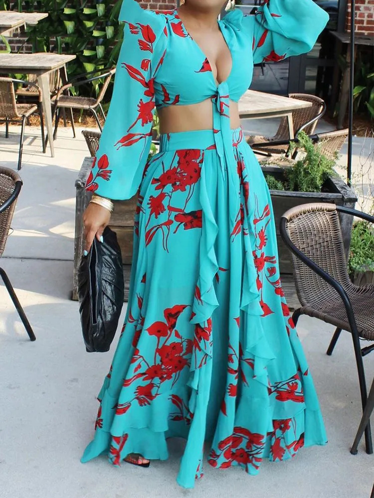 

Women Two Piece Elegant Dress Suits Long Sleeve Tie Up Crop Top & Maxi Skirt Set