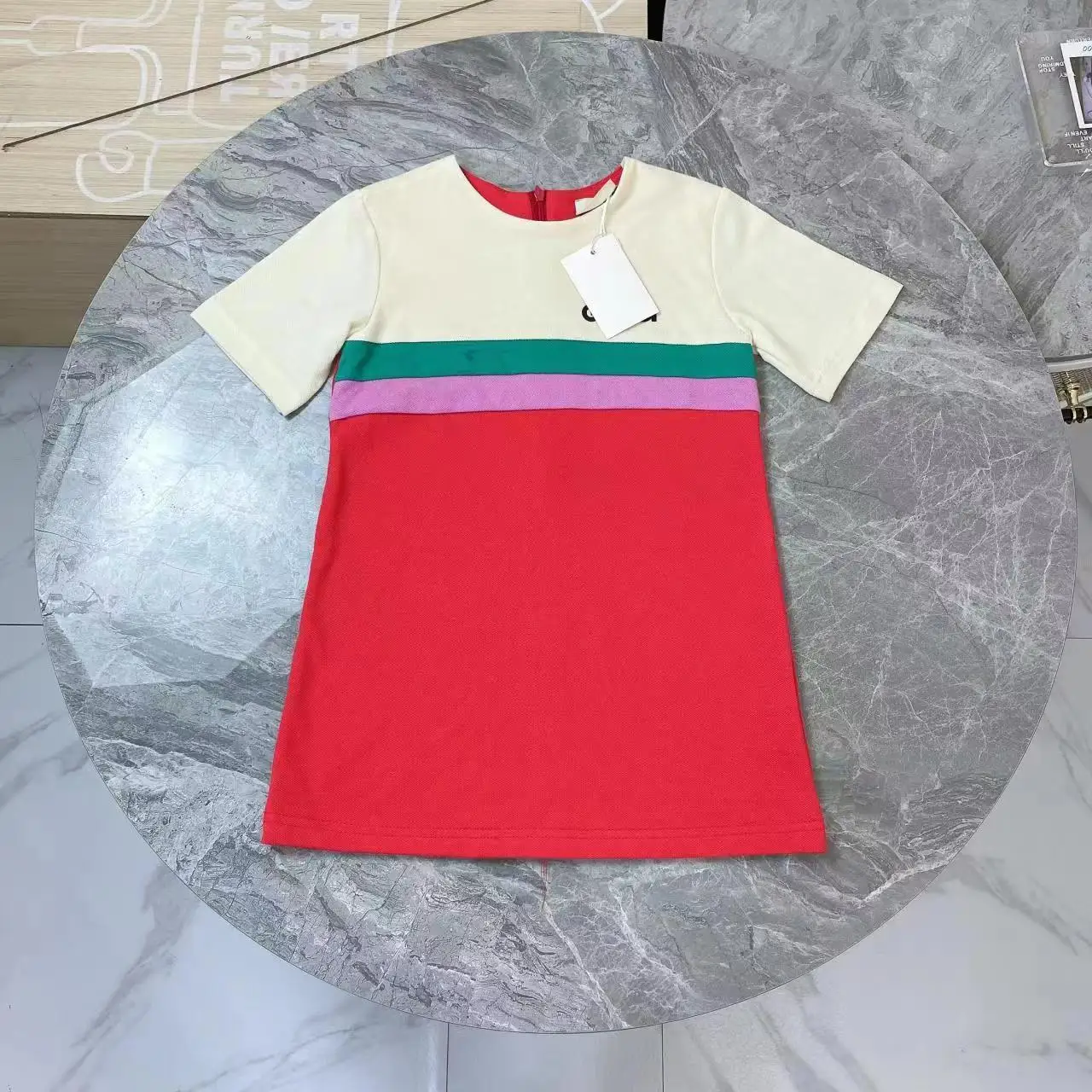 

2022 High-end custom summer hot children's wear girls dress striped stitching short sleeve cotton temperament dress