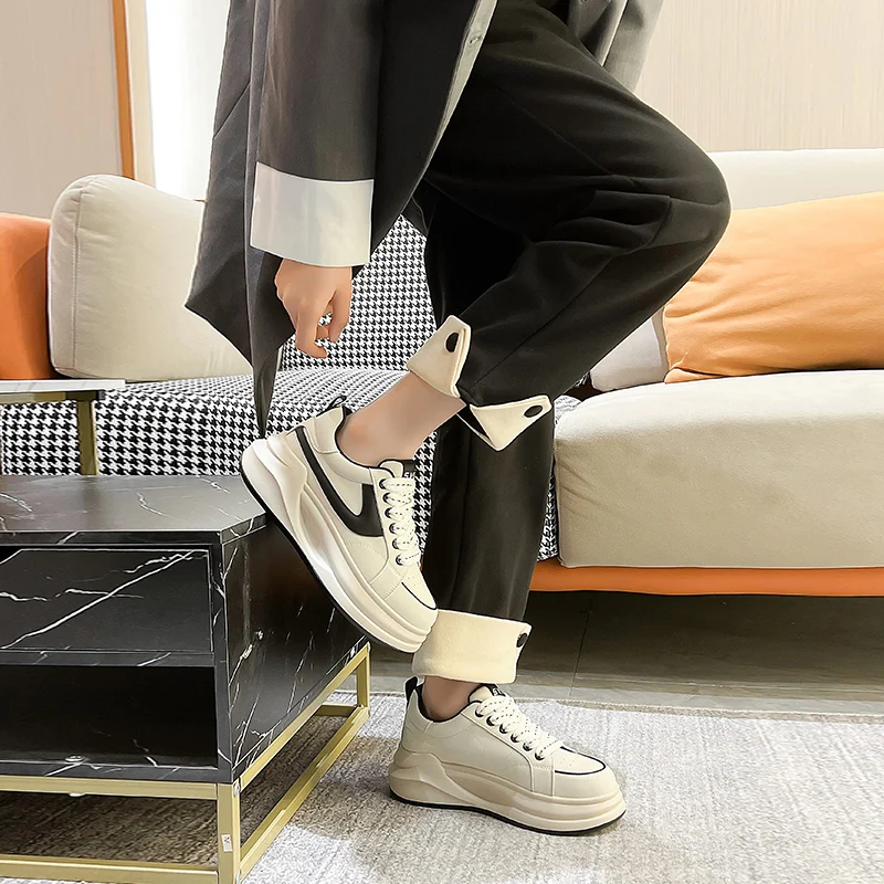 Autuspin Women Sneakers Fashion Casual Lace-Up Sports Shoes Spring Autumn Genuine Leather Flats Platforms Wedges Shoes Woman