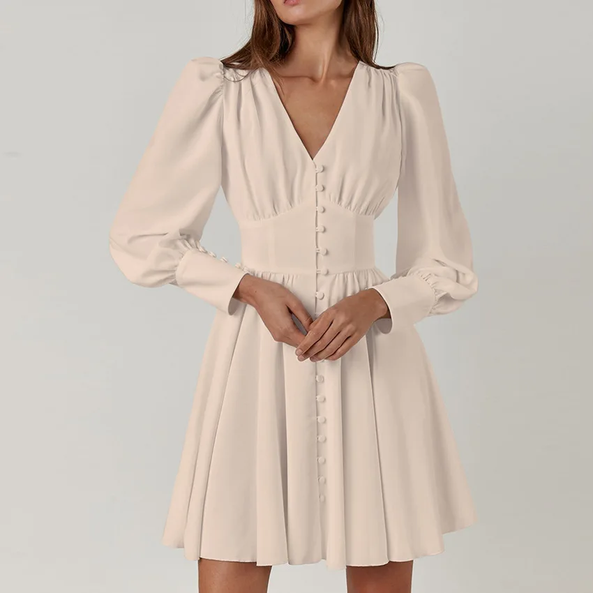 

Spring elegant female chiffon solid color long-sleeved dress button A-line mini dress casual loose V-neck party dress Vestido
