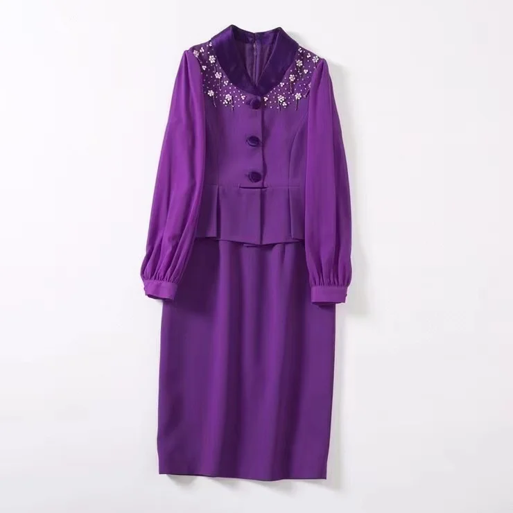 European and American women's wear spring 2022 new Long sleeve lapel heavy bead fashion Patchwork purple dress