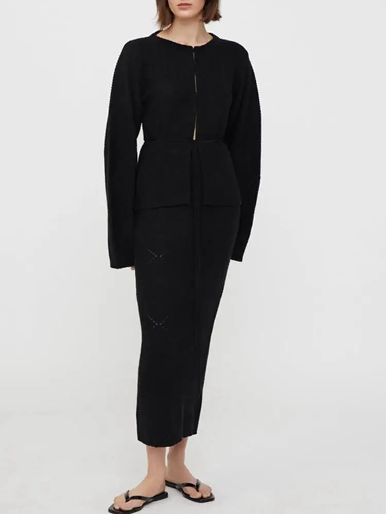 

Женский клетчатый вязаный крючком кардиган или юбка, женский костюм с длинным рукавом, свитер на шнуровке, новинка 2023, юбка миди с высокой талией