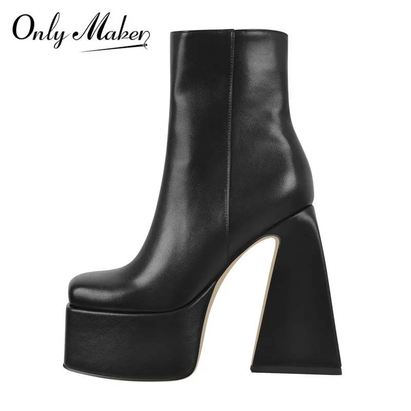 

Onlymaker Square Toe Chunky Ankle Boots Thick High Heels Platform Black White Zip Booties
