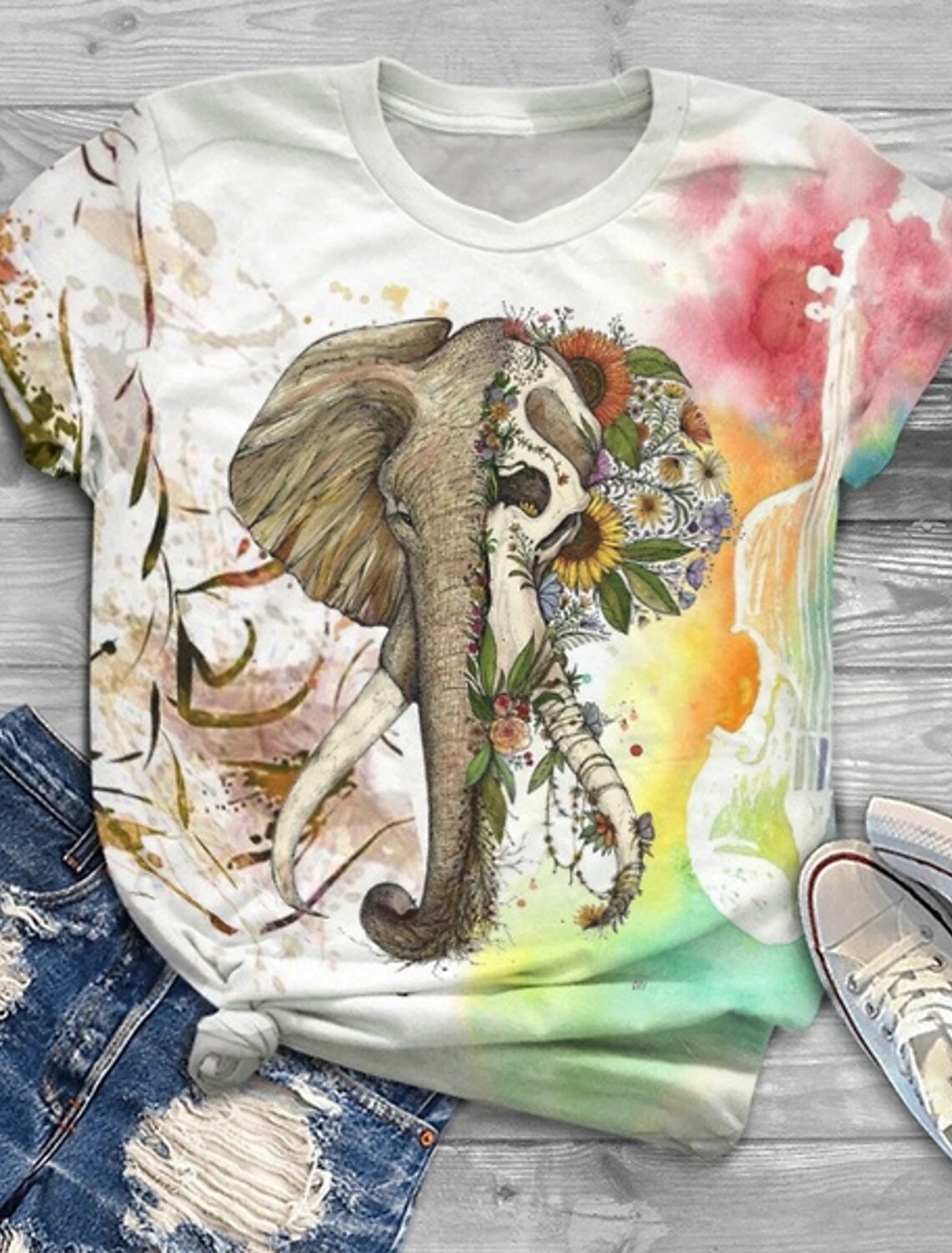 

Summer New Popular T-shirt Casual Fashion Women's Slim and Comfortable Street Wear Round Neck Elephant Print Short Sleeve XS-8XL