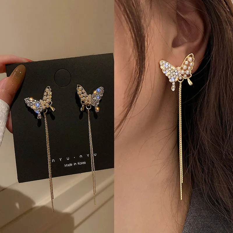 

Korean Elegant Cute Rhinestone Butterfly Dangle Earrings for Women Fashion Metal Chain Drop Earrings Jewelry Gifts Accessories