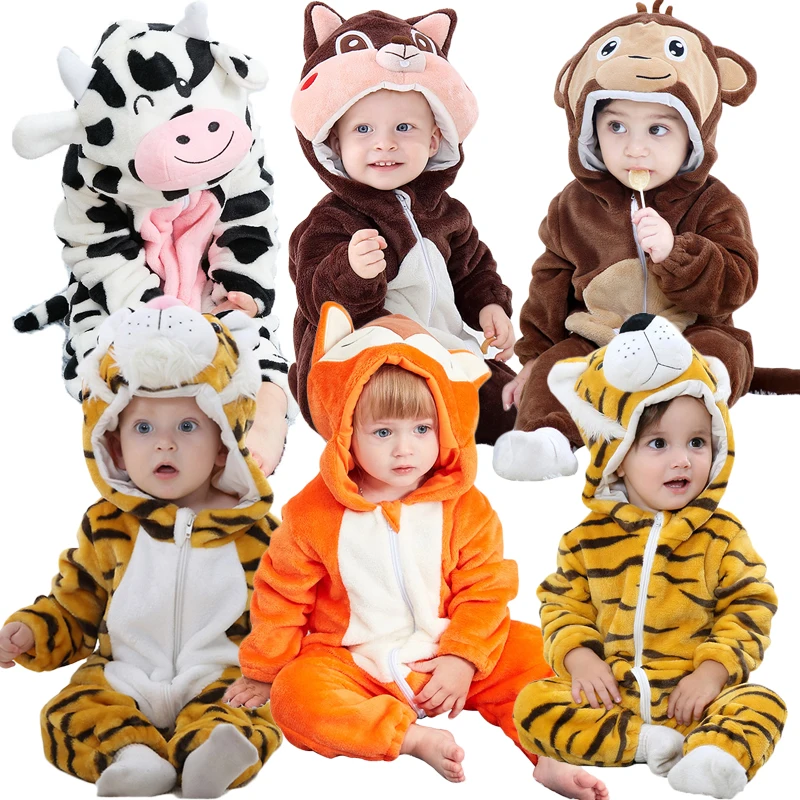 

Baby Cartoon Romper Newborn Flannel Hooded Jumpsuit Infant Clothing Boys Girls Pajamas Animal Onesie Costume Kids Rompers 0-4Y