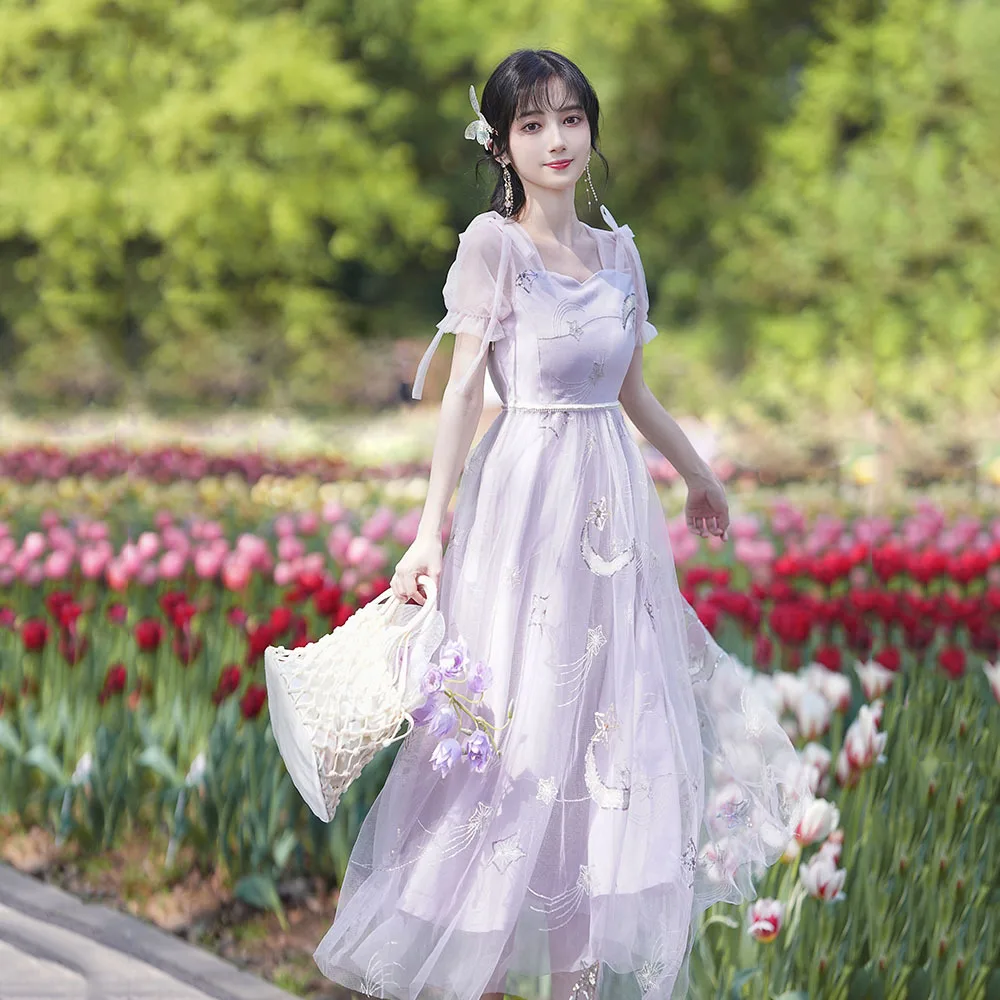 

Женское фатиновое платье с вышивкой, фиолетовое романтичное длинное платье во французском стиле с квадратным вырезом, Сетчатое празднично...