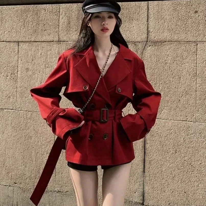 2024 Женская красная куртка с поясом элитный дизайн