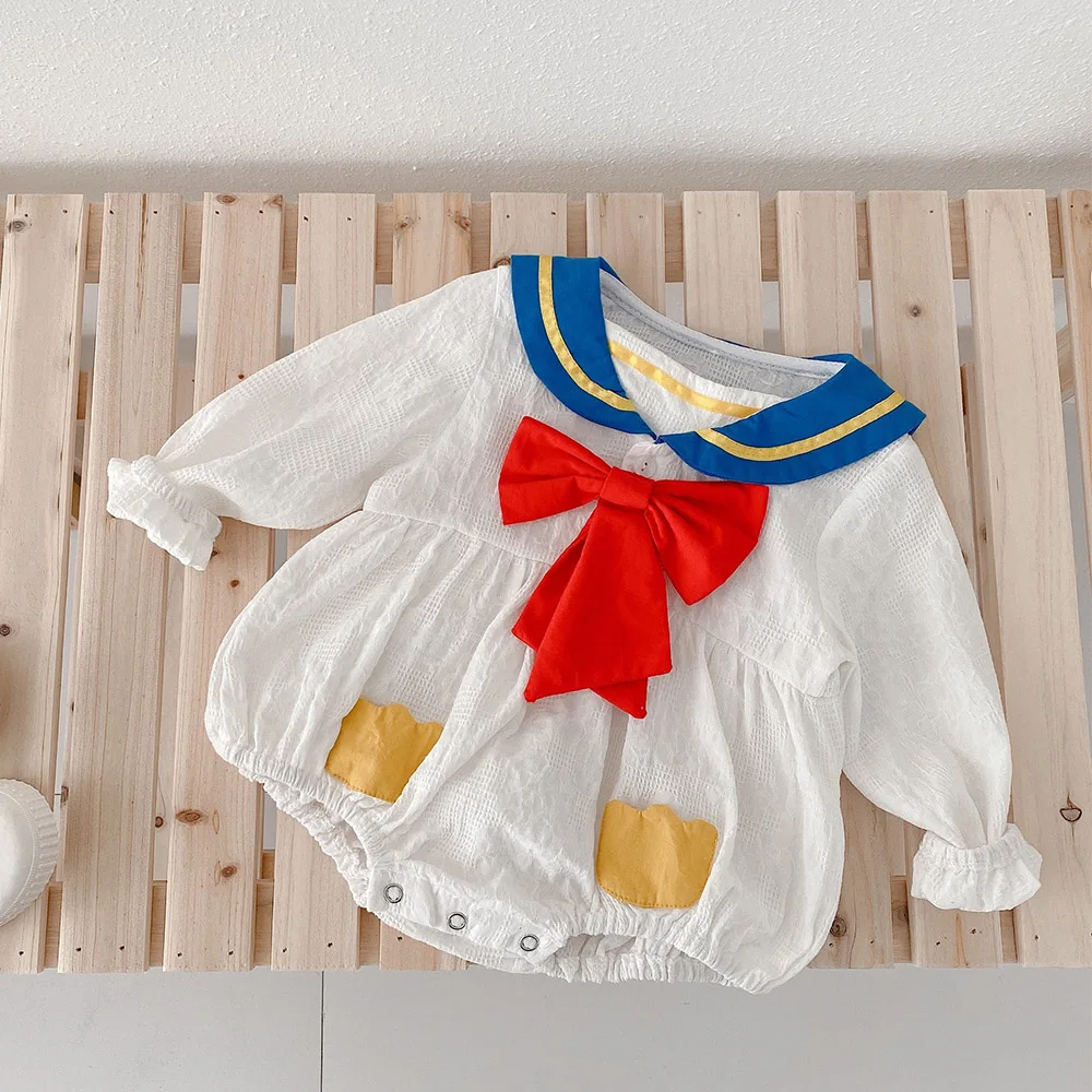 

Baby Girl Rompers Spring 2022 Cotton Peter Pan Collar Big Bow Long Sleeve Newborn Onesie First Birthday Infant Clothes