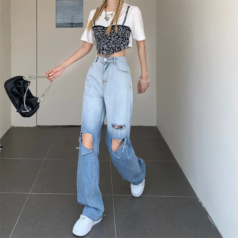 N0199  New new style ripped jeans women's high waist loose design wide leg straight jeans