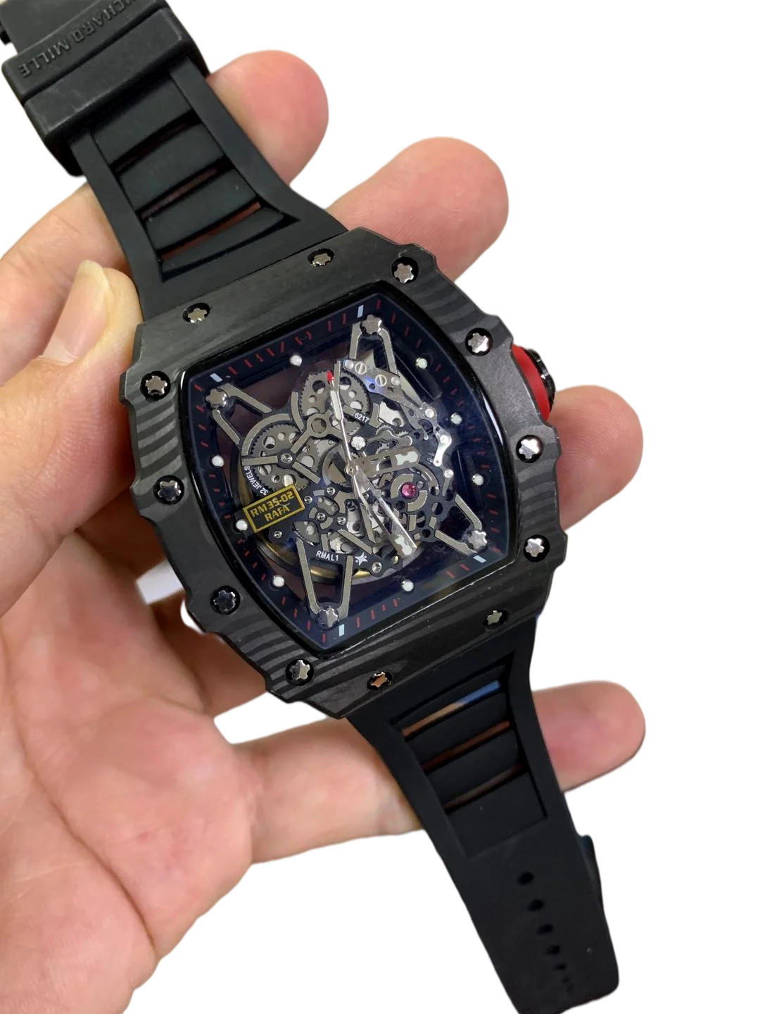 

High-Top Black Rubber Mens Watch Mechanical Automatic Movement Carbon Fiber Skeleton Dial