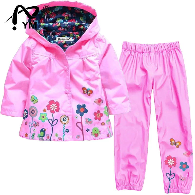 

New Spring Girls Clothing Set Cute Cartoon Flower And Butterfly Pattern Kids Raincoat + Pant 2Pcs Casual Suit Children's Clothes