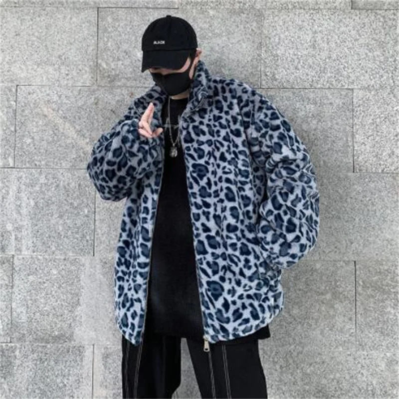 Leopard print cotton jacket men thickened lamb wool winter loose casual plus velvet thickened sobretudo masculino longo casaco
