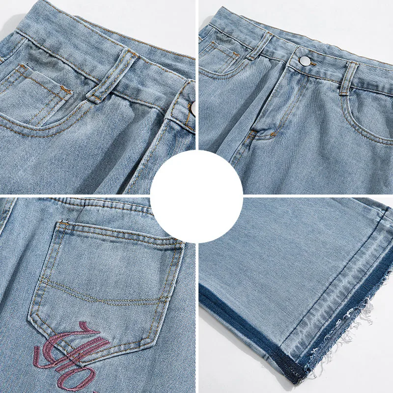 2022 Men Light Blue Jeans Long Medium Waist Straight Pants Letter Embroidery Casual Street Denim Trousers Spring Summer M-3XL