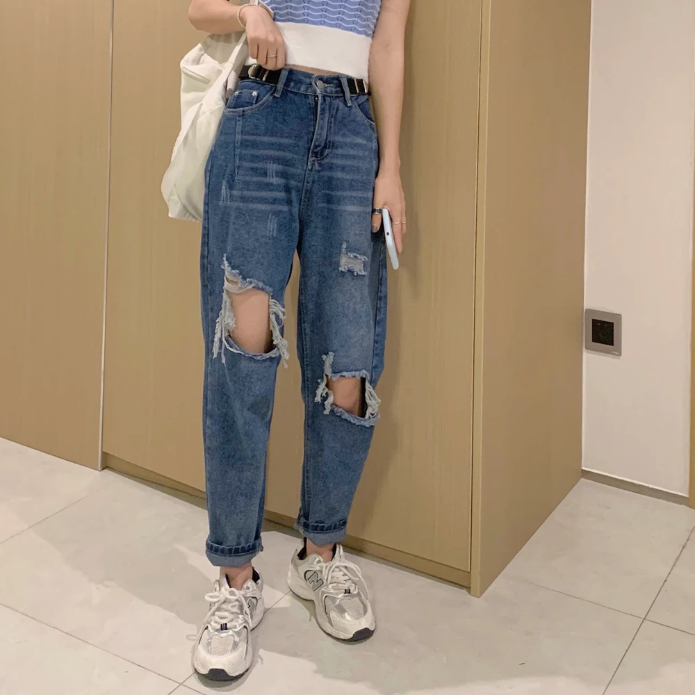 High Waisted Ripped Hole Jeans for Women Fashion Trends Gothic Streetwear Teenage Girl Punk Style Denim Pants Distressed Clothes