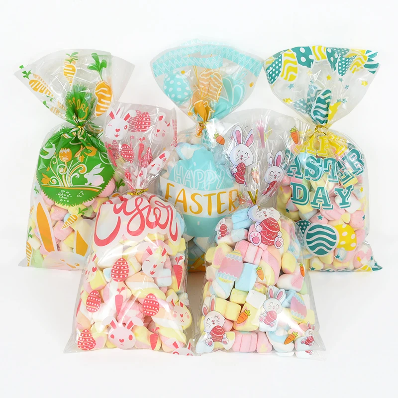 50Pcs Easter Gift Bags Candy Cookie Bags Cute Rabbit Eggs Easter Packaging Plastic Pouch 2023 Easter Spring Festival Decorations