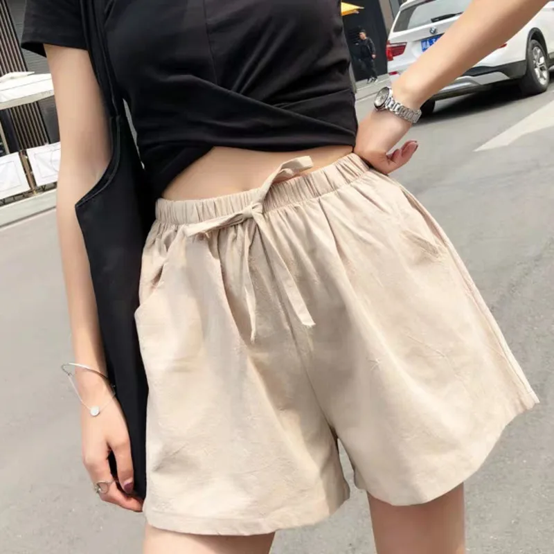 Summer Linen Pants Loose Women's High Waisted Shorts Sports Fashion Cotton Linen Solid Large Size Casual Short Femme Ropa Mujer