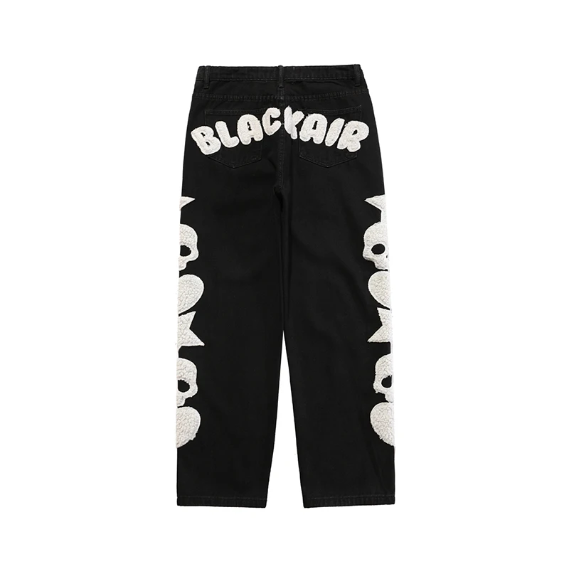 Skull and Stars Towel Embroidery Y2k Ripped Jeans Blue Mens Harajuku Vibe Style Streetwear Oversized Casual Denim Pants Trousers