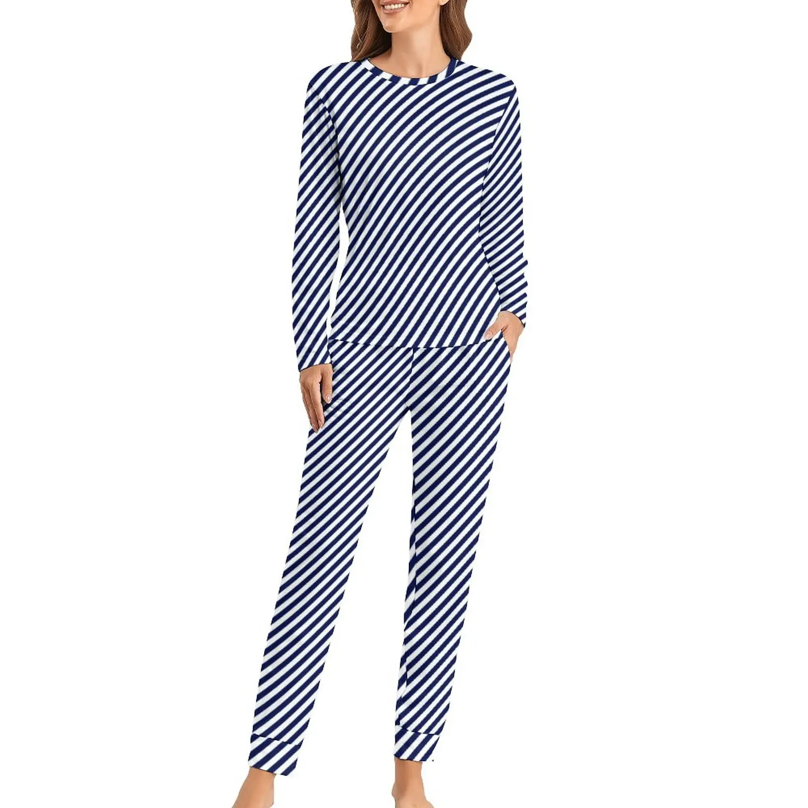 

Candy Cane Stripes Pajamas Female Mini Navy Blue Kawaii Nightwear Spring Two Piece Night Oversize Pajama Sets