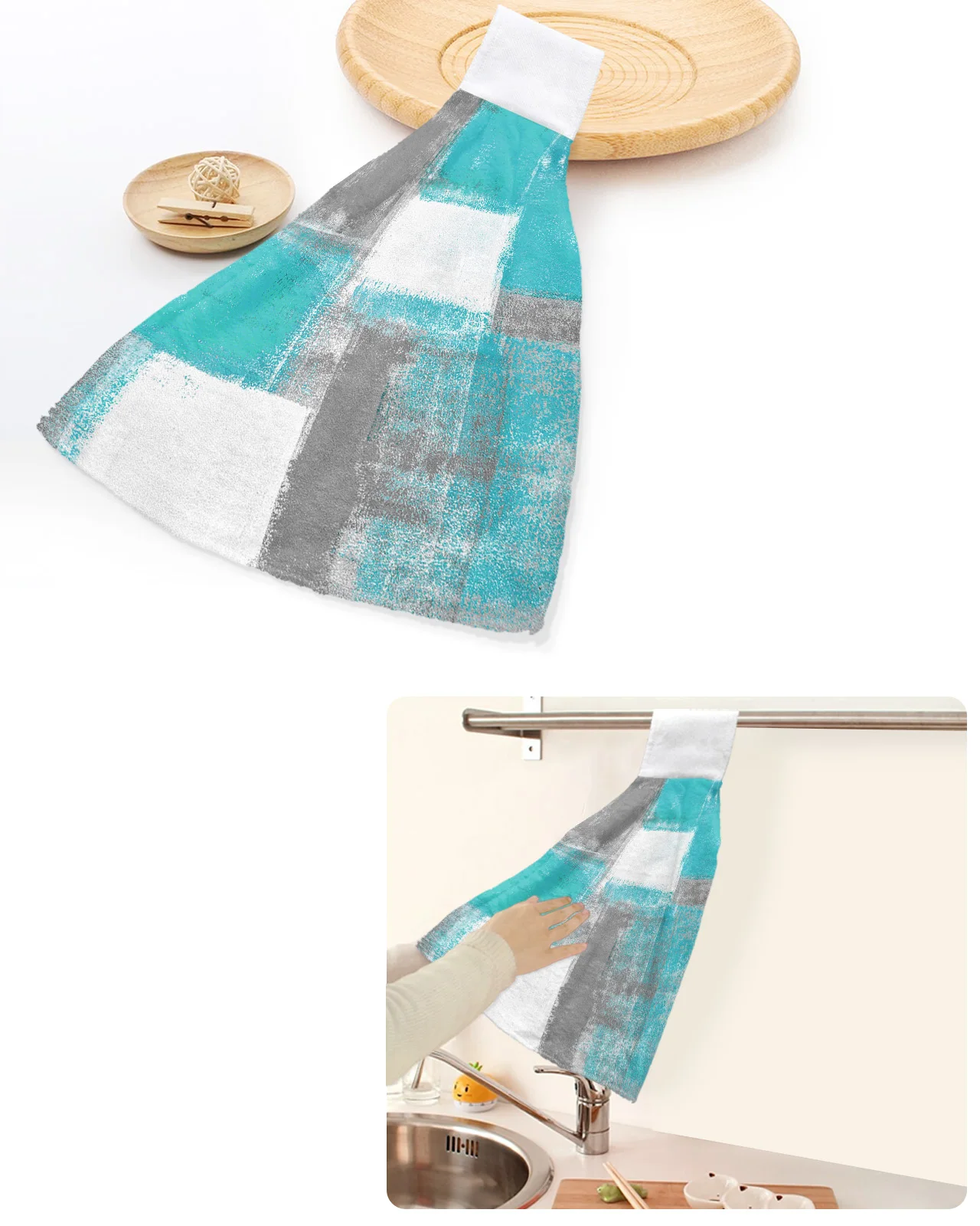 

Oil Painting Abstract Geometric Aqua Hand Towels Home Kitchen Bathroom Hanging Dishcloths Loops Soft Absorbent Custom Wipe Towel