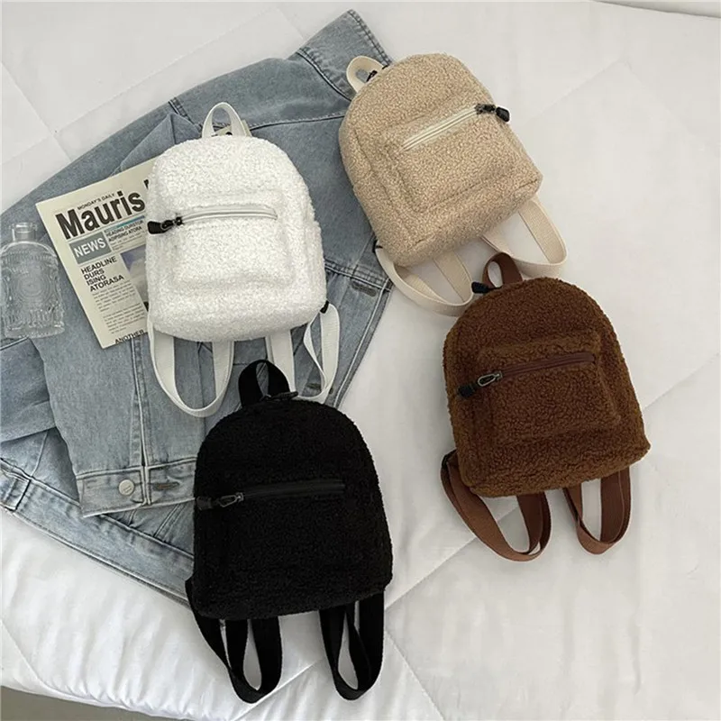 

Mini Plush Backpack Solid Color Women Little Girls Wild Fashion Soft Autumn Winter Stylish Small Daypack for Shopping Street