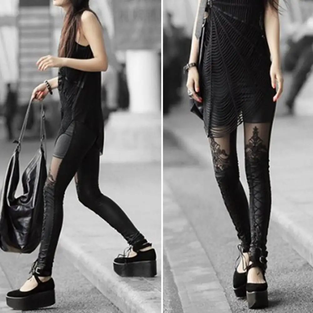 

Модные леггинсы в стиле панк, брюки из мытой искусственной кожи с перекрестной завязкой, женские облегающие длинные универсальные брюки из искусственной кожи