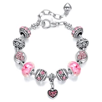 pink hearts silver plated charm bracelets for women teen girls jewelry gifts set with snake chain extender adjustable bracelet
