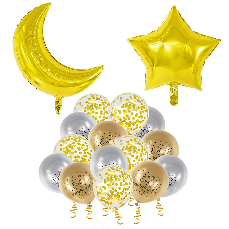 

Eid Mubarak Printed Metallic Latex Balloon Star and Moon Shaped Foil Balloons for Muslim Islamic Ramadan Party Favors Air Globos