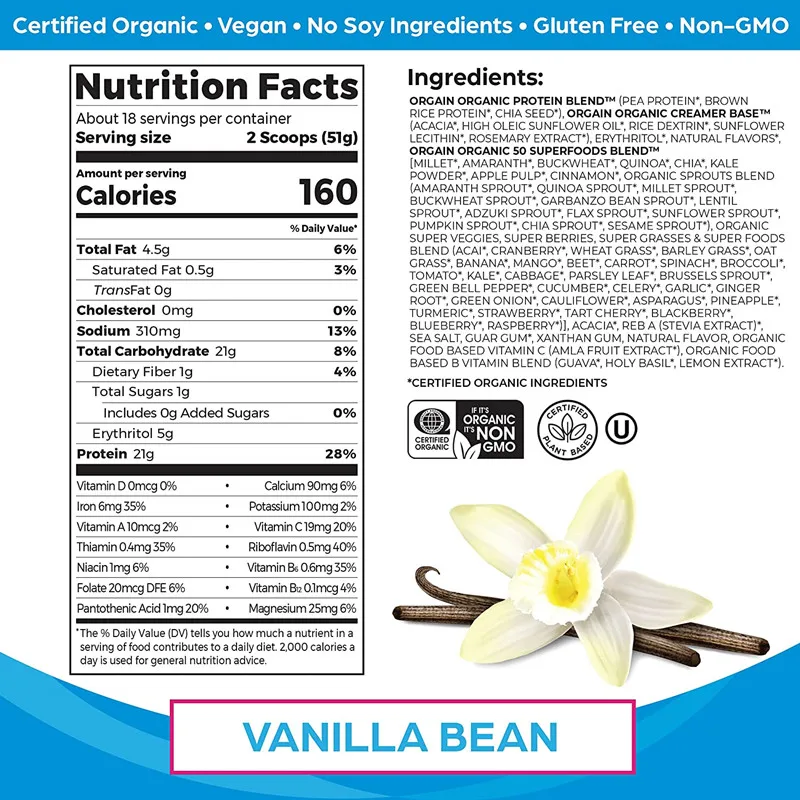 Orgain plant protein + food powder vanilla bean - vegetarian lactose free sugar gluten non GMO 2 pounds 450 g |