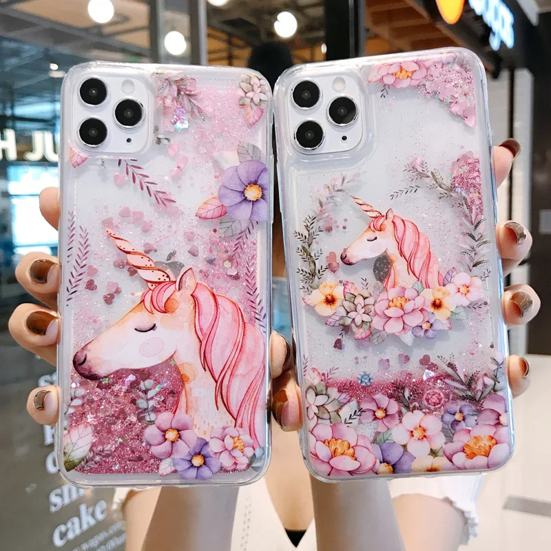 

Hot Horse Flower Liquid Quicksand Funda For iphone 11 14 Pro Max Case 12 13 Mini Soft Cover 8 Plus Glitter Coque X XR XS Max SE