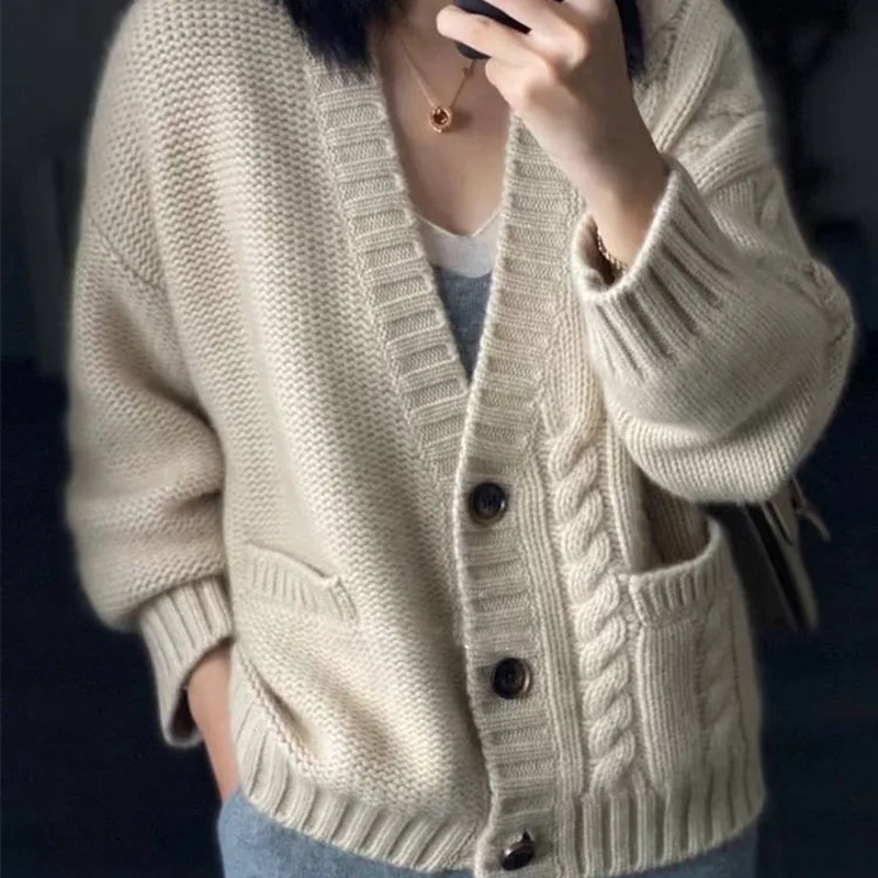 

FAKUNTN Knit Cardigan 2021 New Pure Cashmere Fashion Thick Loose Sweater Winter Women's 100%Wool V-Neck Large Size Jacket