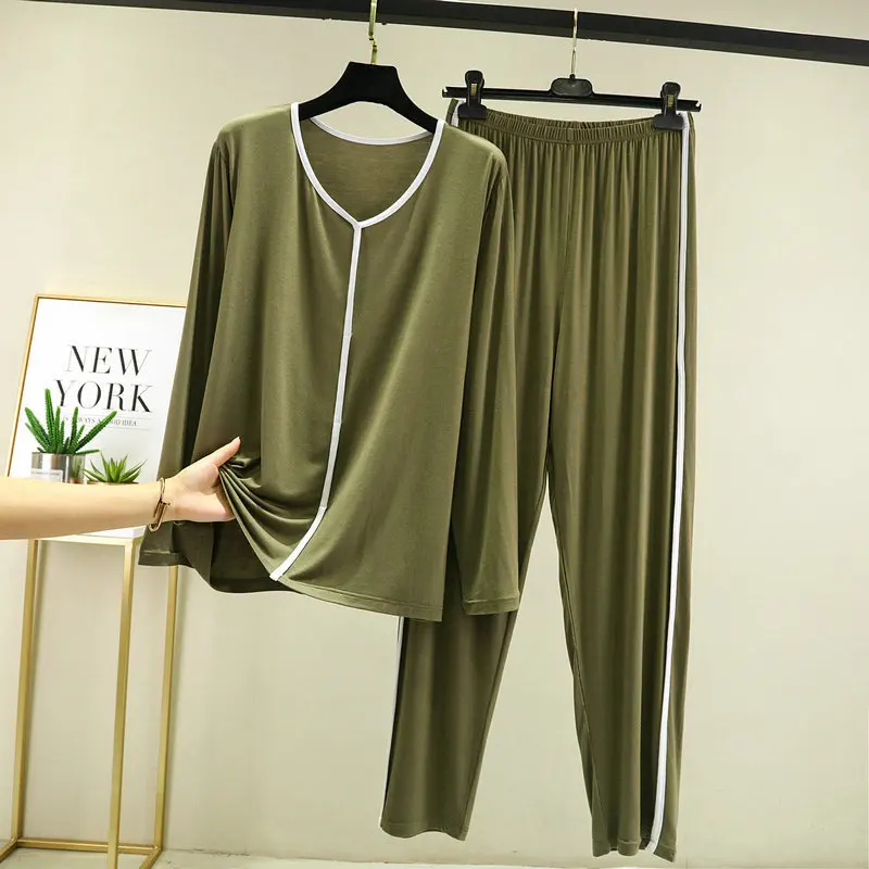 Women's Modal NEW Soft Pajamas Casual Sleepwear Set Women Pajama Set Full Sleeves Fashion Stripe V-Neck Shirt Pant Homewear