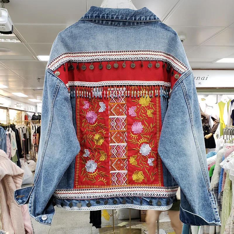 

Vintage Bohemia Red Embroidery Denim Jacket Women Loose Short Outerwear Beading Tassel Sequins Long Sleeve Jeans Jacket Female