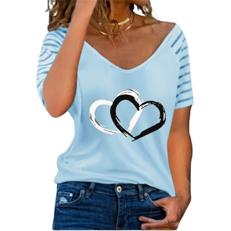 

S-3XL Women T-Shirt Summer Short Sleeve Casual Pullover Tops Heart-shaped Printed Looose Tee Fashion Lady Streetwear Camisetas