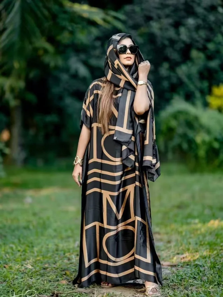 Фото 2025 neue Art Mode übergroße afrikanische Frauen Kleidung Dubai Dashiki Abaya Free Size Print Design mit Schal lockers langes K №1