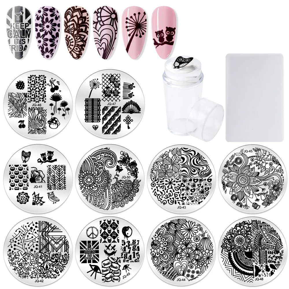 

Набор для красочной печати на ногтях, 10 листов стальной пластины JQ + прозрачный штамп с обложкой DIY маникюрные инструменты для ногтей