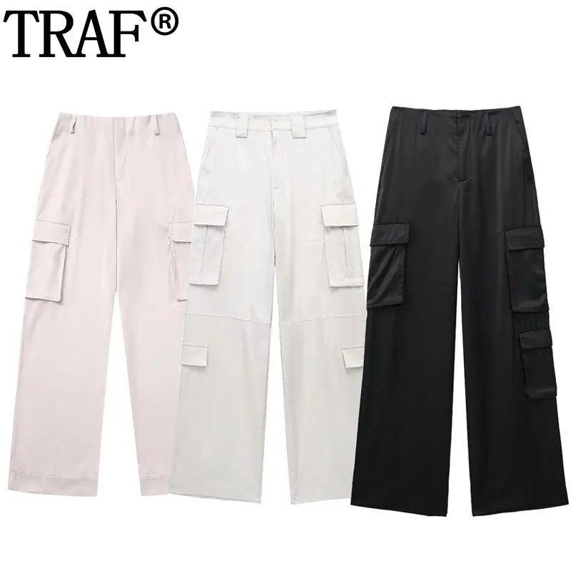 

TRAF 2023 Satin Woman Trousers High Waist Cargo Pants Women Fashion Summer Black Pants For Women Casual Streetwear Baggy Pants