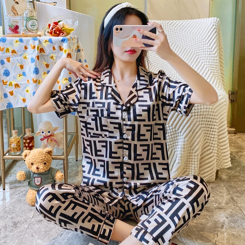 

Summer Women'sinsBig Brand Artificial Silk Lapel Cardigan Short Sleeve Trousers Silk Korean Style Short Long Suit FLetter
