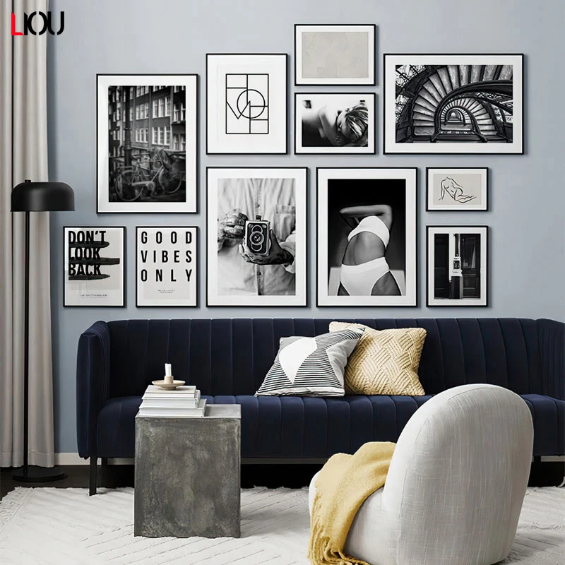 Черно-белый модный постер уличный пейзаж абстрактная настенная живопись на