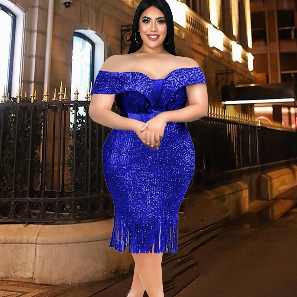 

Women Plus Size Glitter Birthday Dress Sequins Party Night Bodycon Ruffle Sleeve Patchwork Elegant Robe Femme Evening Club Dress
