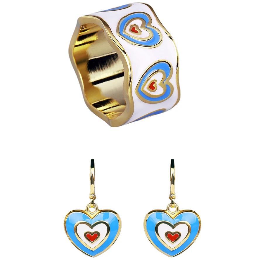 

925 Silver for Women Jewelry Set Sweet Love Shape Ring Earrings Fashion Handmade Enamel Jewelry Exquisite Party Jewelry Set