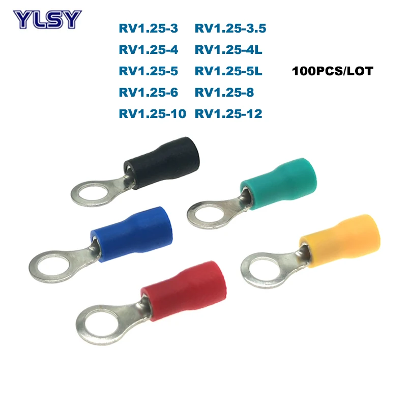 

100Pcs Ring Insulated Crimp Terminal Electrical Wire Cable Connector RV1.25-3.2/3.5/4/5/6/8/10/12 Ferrules 22-16AWG 0.5-1.5mm2