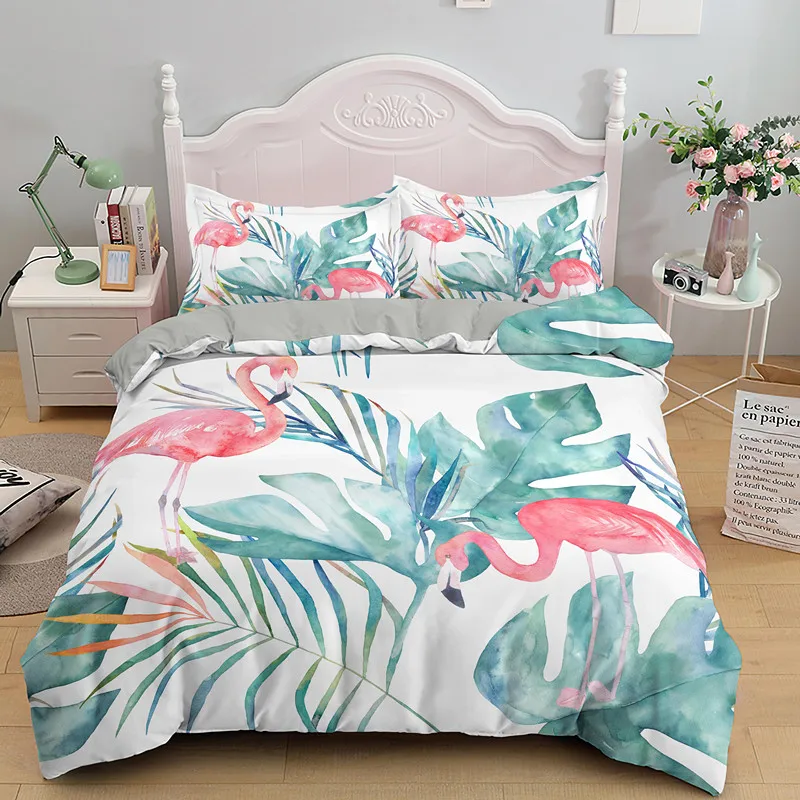 

3D Flamingo Printed Bedding Set King Queen Size Cartoon Pink Animals Duvet Cover with Pillowcases 2/3pcs Polyester Quilt Cover