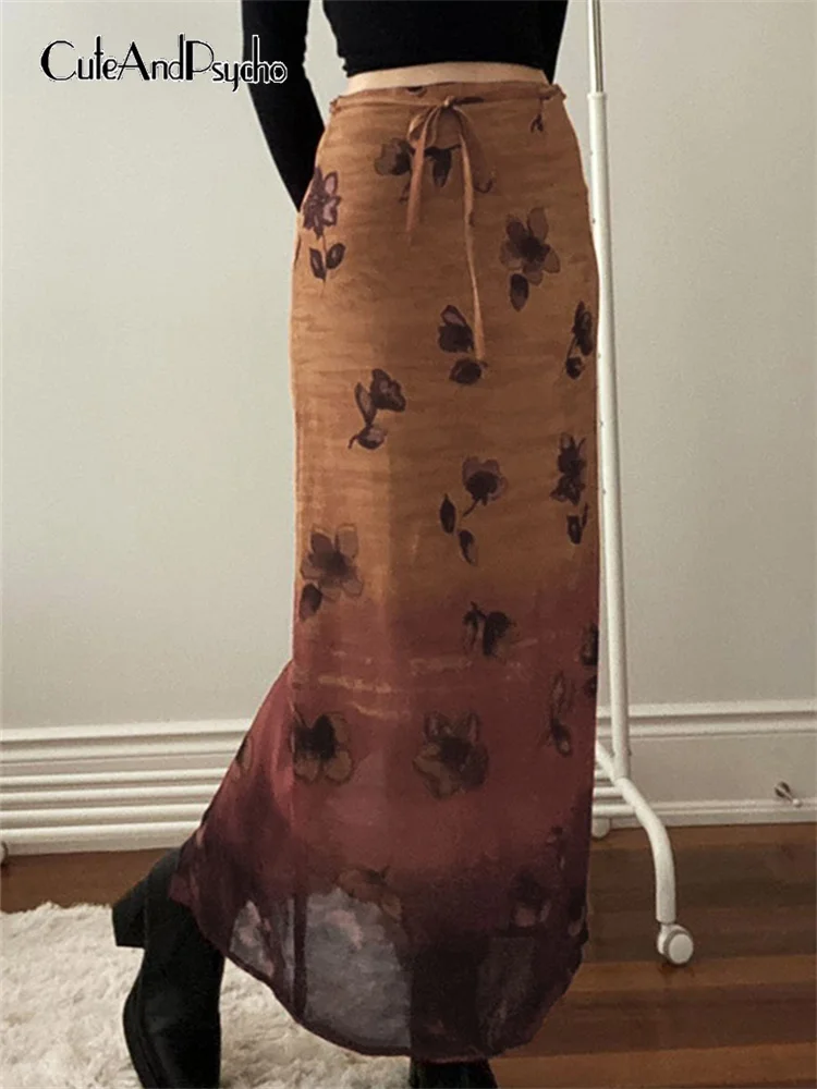 

Cuteandpsycho Fairycore Floral Print Maxi Skirts Y2K Vintage Aesthetic 90s Straight Long Skirts Two-layers Cute Fashion Outfits